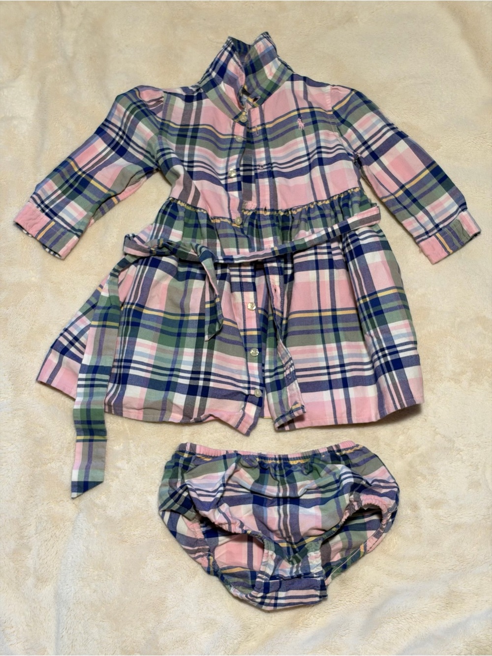 Polo Ralph Lauren Plaid Cotton Oxford Shirtdress & Bloomer Set – 12M
